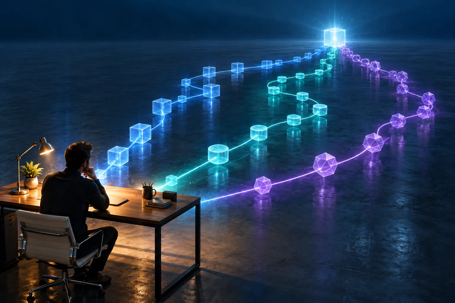 Three glowing paths made of small linked blocks start from the same desk, watched by a person comparing their routes.