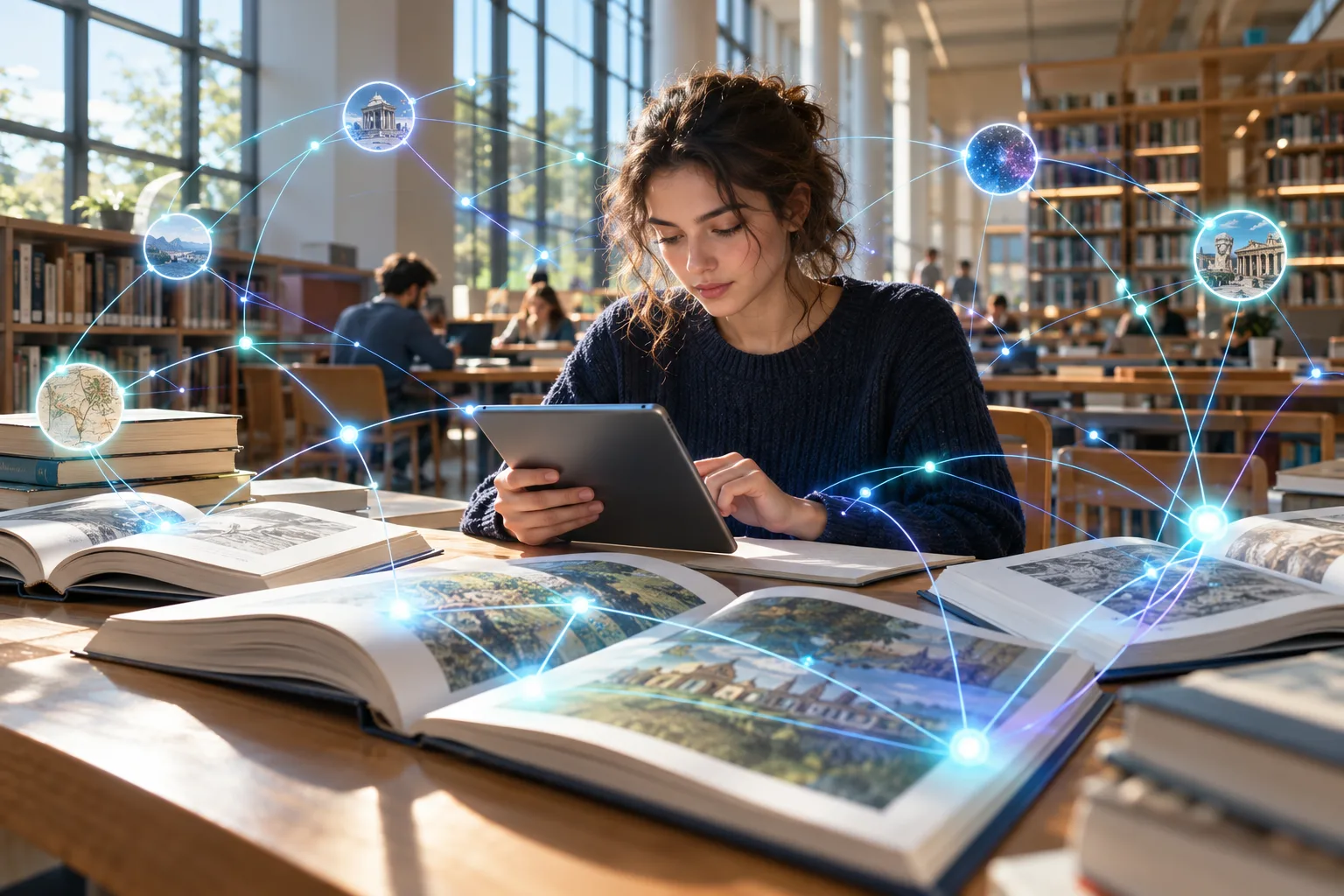 Une personne consulte une tablette dans une bibliothèque lumineuse, reliée par des fils de lumière à des pages ouvertes, image d'une recherche qui cite ses sources.