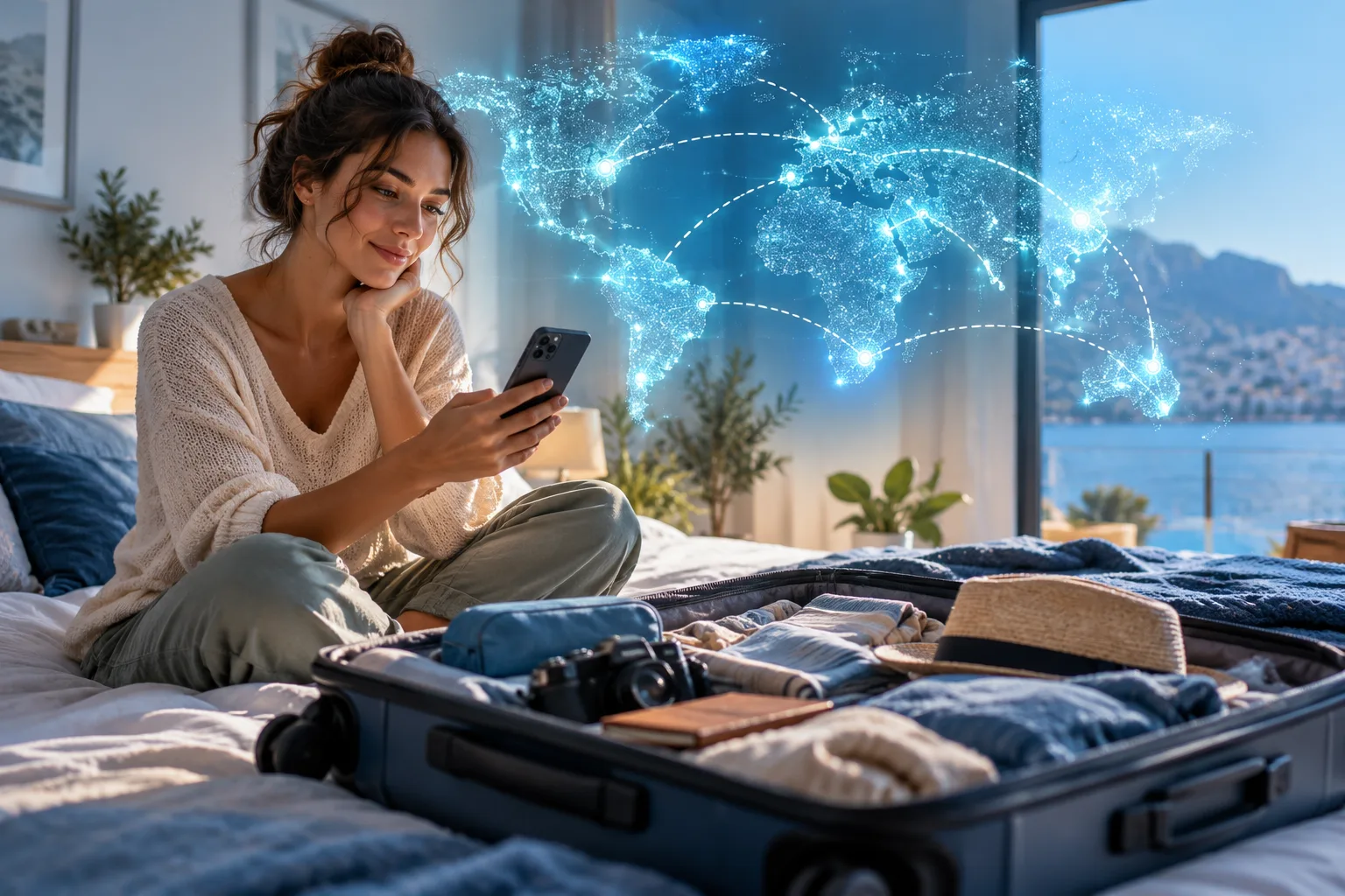 A person packs a suitcase while checking their phone, beneath an abstract map of glowing dots linked by a dotted route.