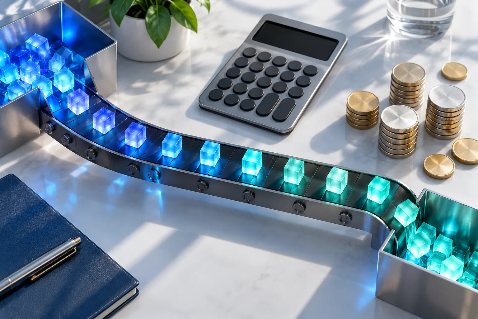 A desk seen from above with a calculator, coins and a stream of small glowing cubes suggesting billed tokens.