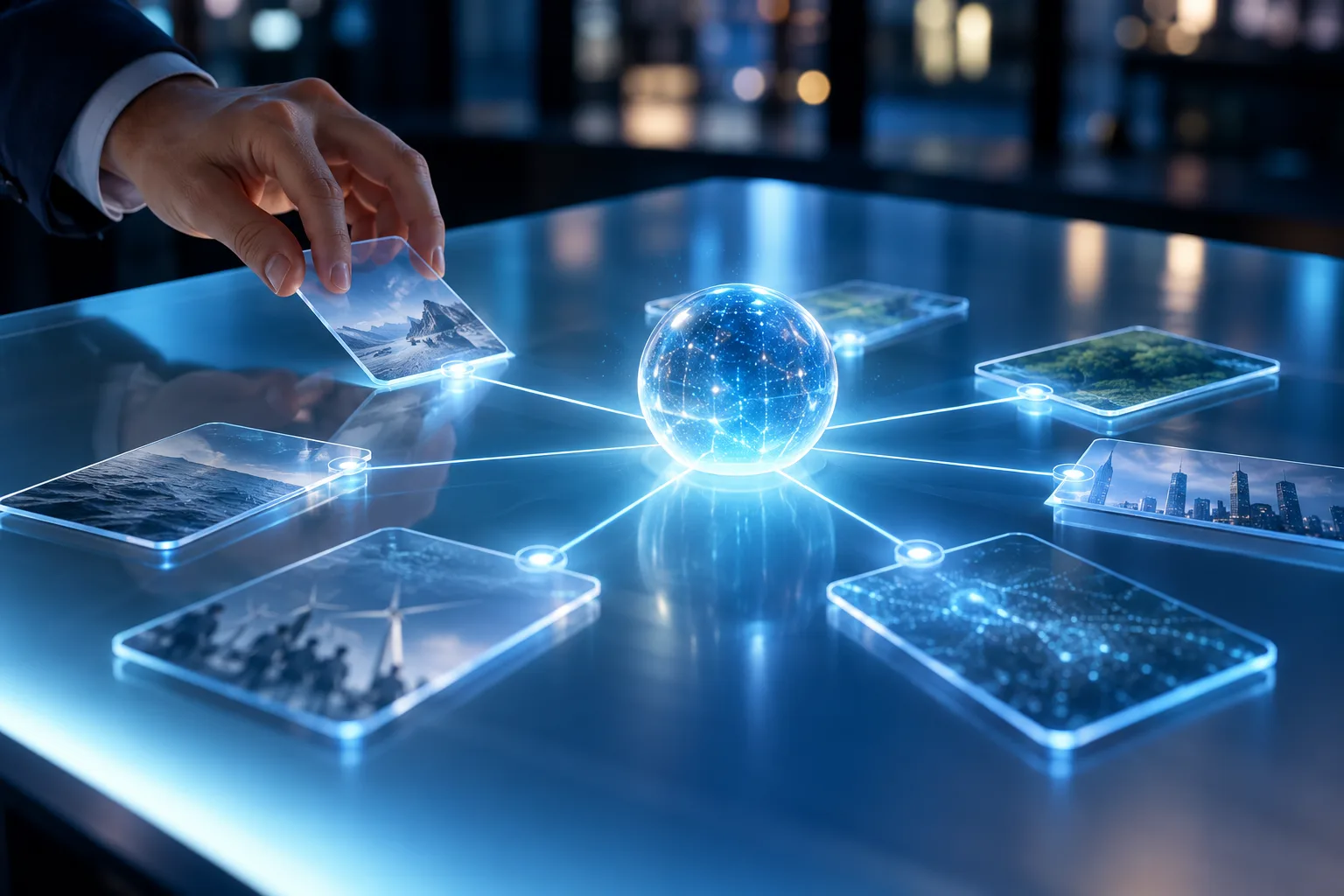 Une main dispose des cartes translucides sur une table lumineuse, reliées par des traits de lumière à une sphère centrale.
