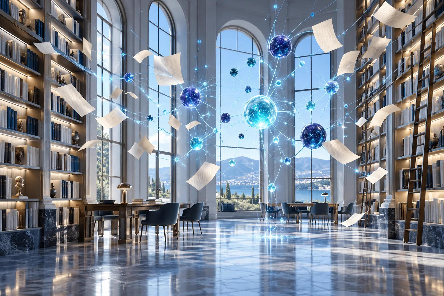 Unas páginas salen volando de las estanterías de una biblioteca luminosa y se unen a una red de nodos en el centro de la sala.