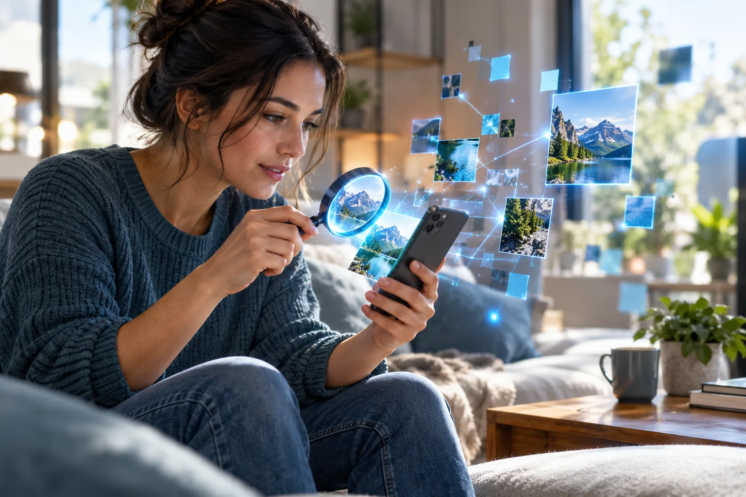 A person inspects a photo on their phone with a magnifying glass, surrounded by floating image fragments and glowing pixel patterns.