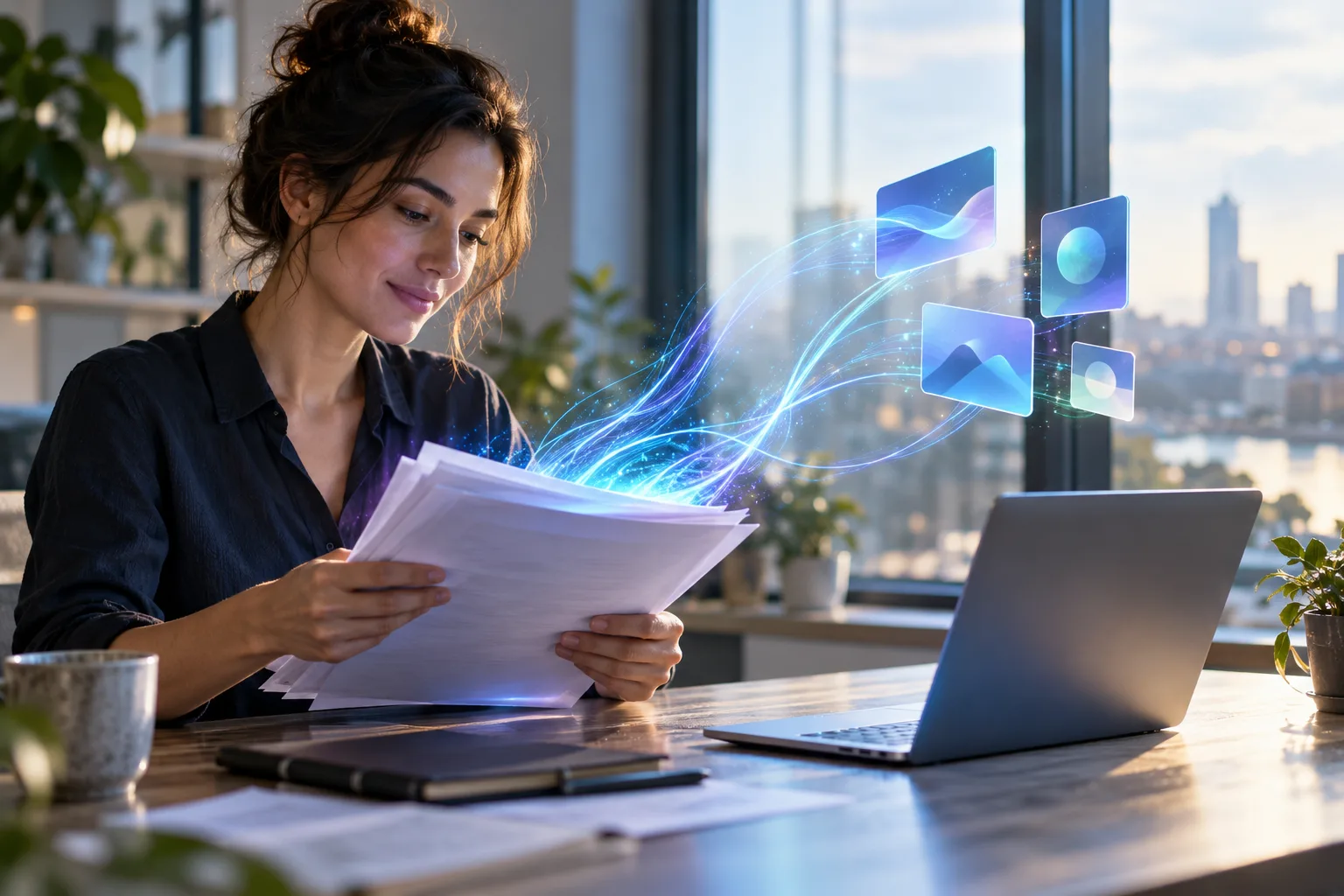 Une personne à un bureau lumineux tient une pile de feuilles dont les lignes se condensent en quelques petites cartes au-dessus d'un ordinateur portable.
