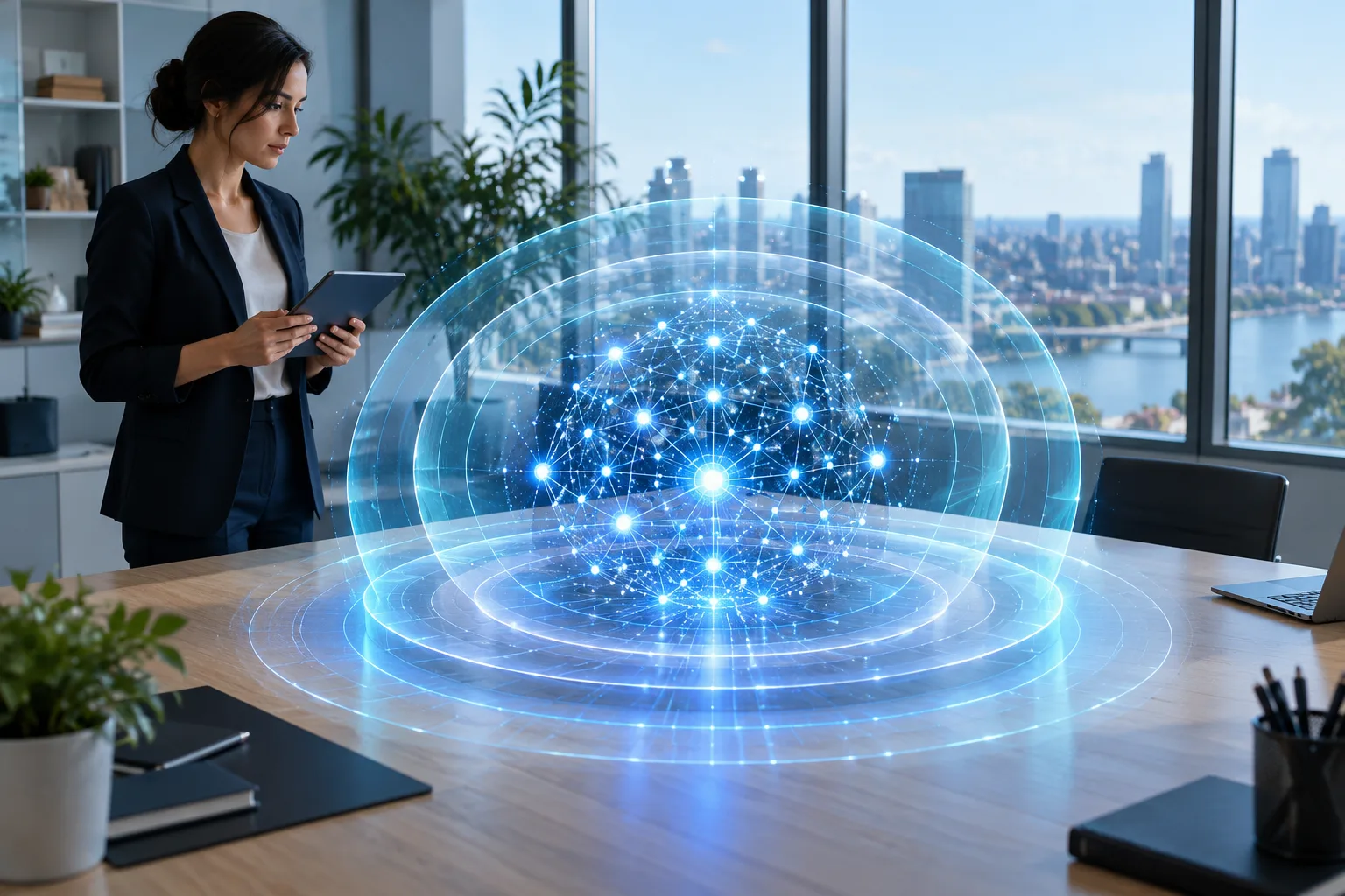 A network of glowing dots shielded by several translucent rings, watched by a person holding a tablet in a bright office.