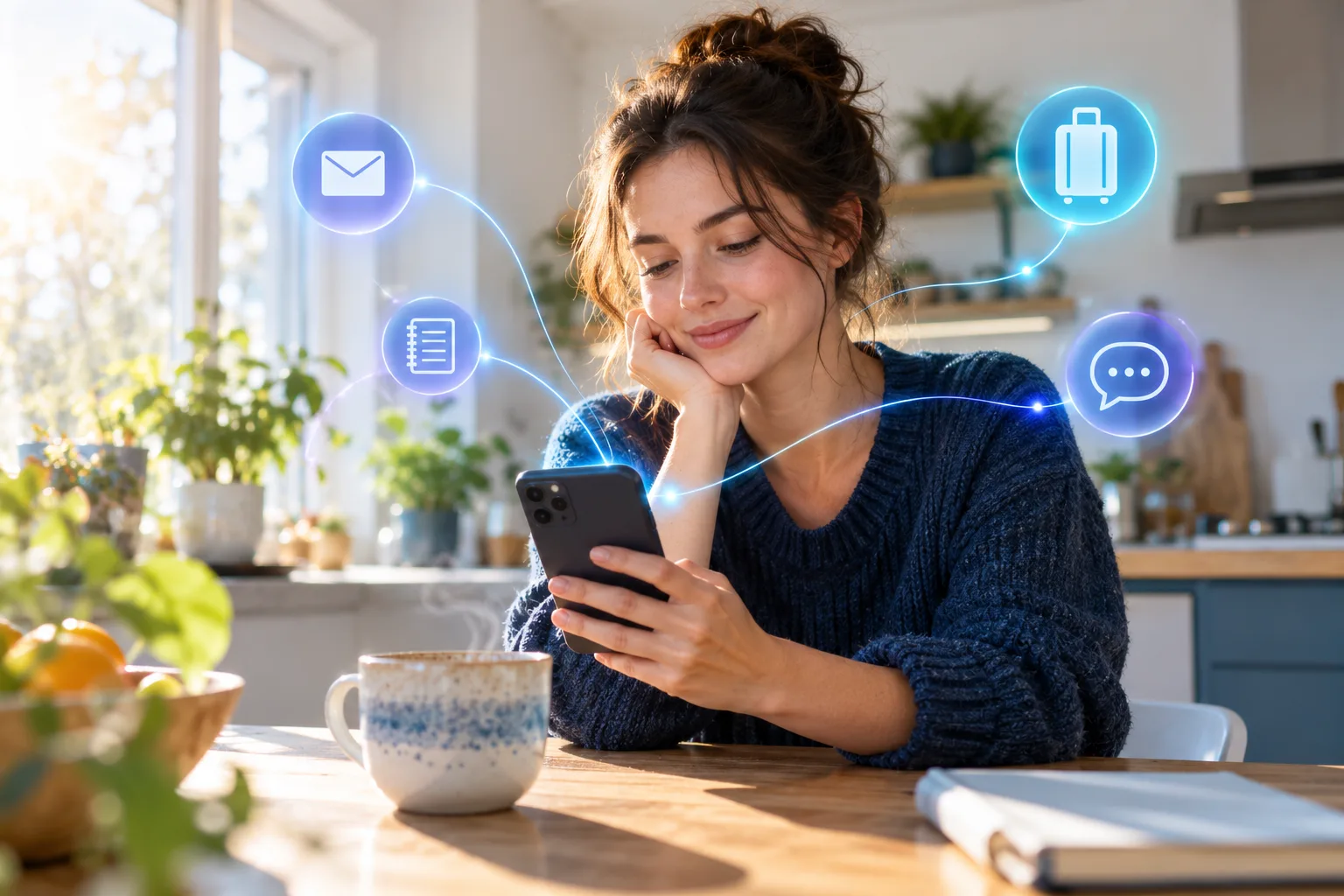 A person checks their phone in a bright kitchen, surrounded by small connected icons that suggest email, travel and study.