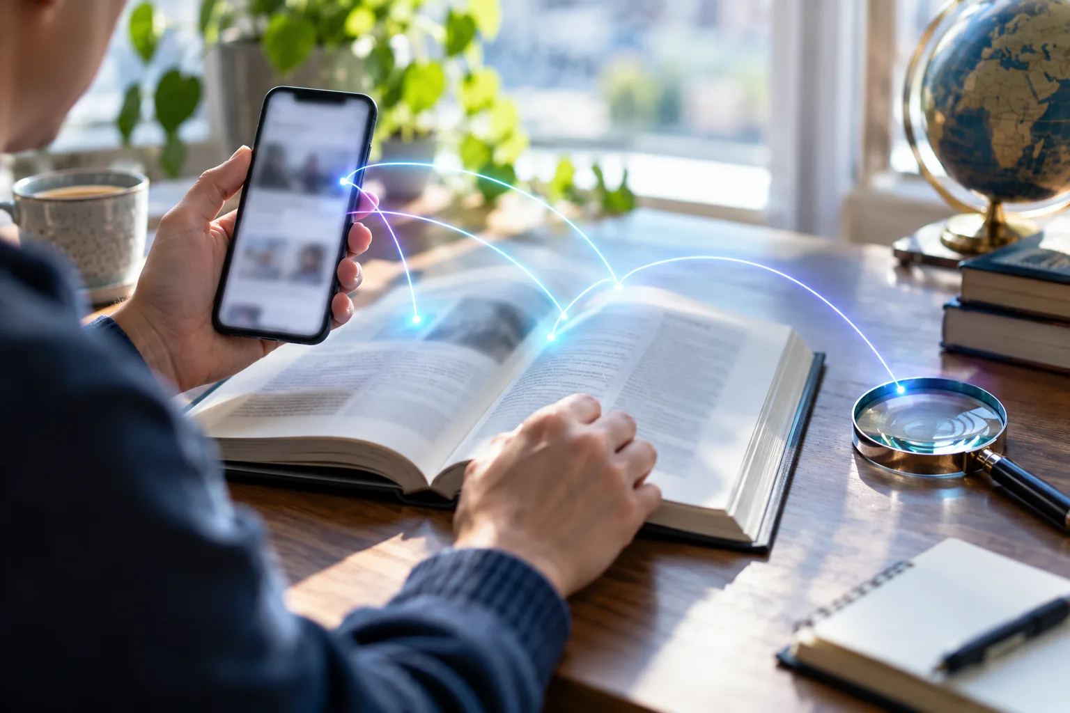 Une personne compare son téléphone avec un livre ouvert, une loupe posée sur le bureau, reliés par des lignes lumineuses.