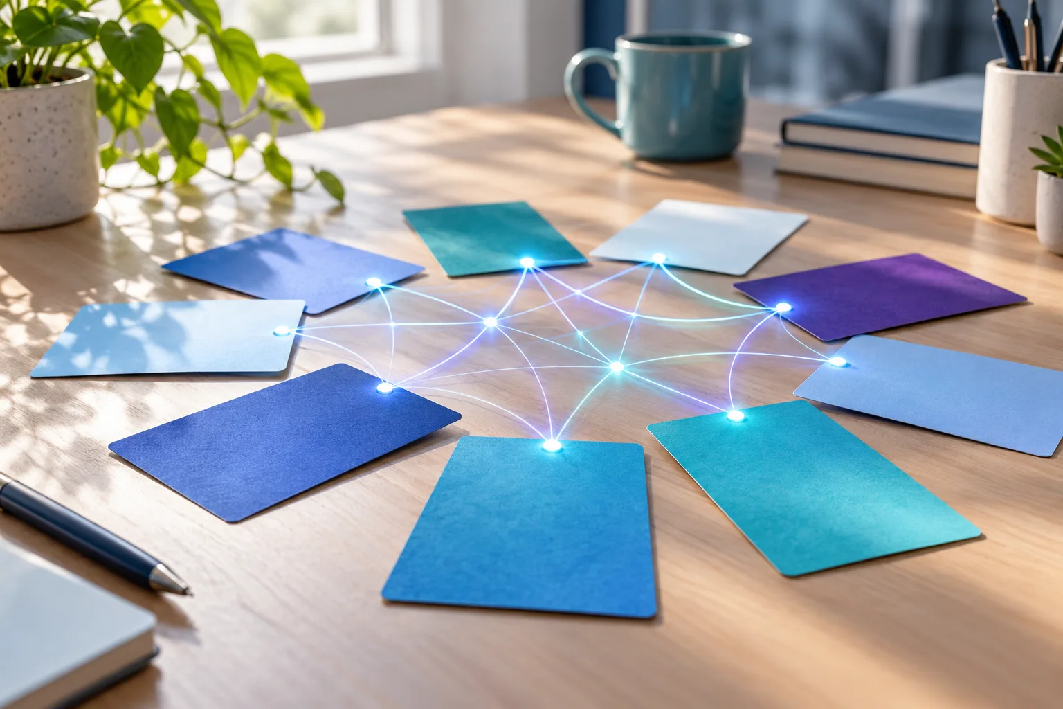 Tarjetas de colores dispuestas en abanico y unidas por hilos luminosos, como las palabras de un glosario