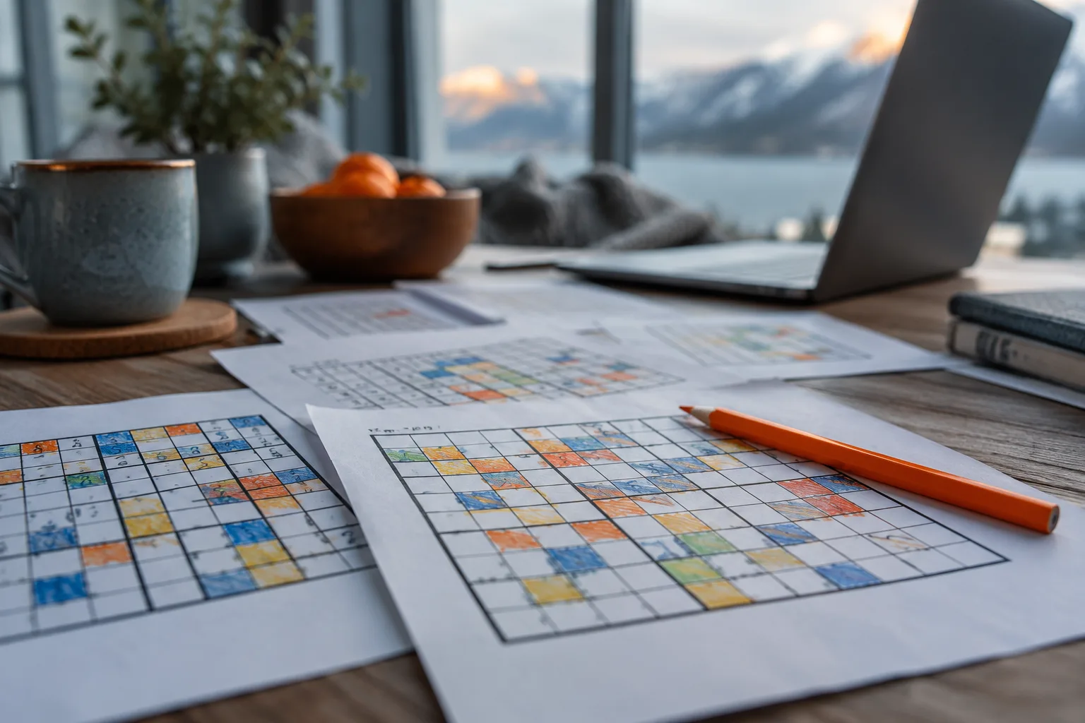 Des grilles de puzzles colorés imprimées sur une table, à côté d'un crayon et d'un ordinateur portable