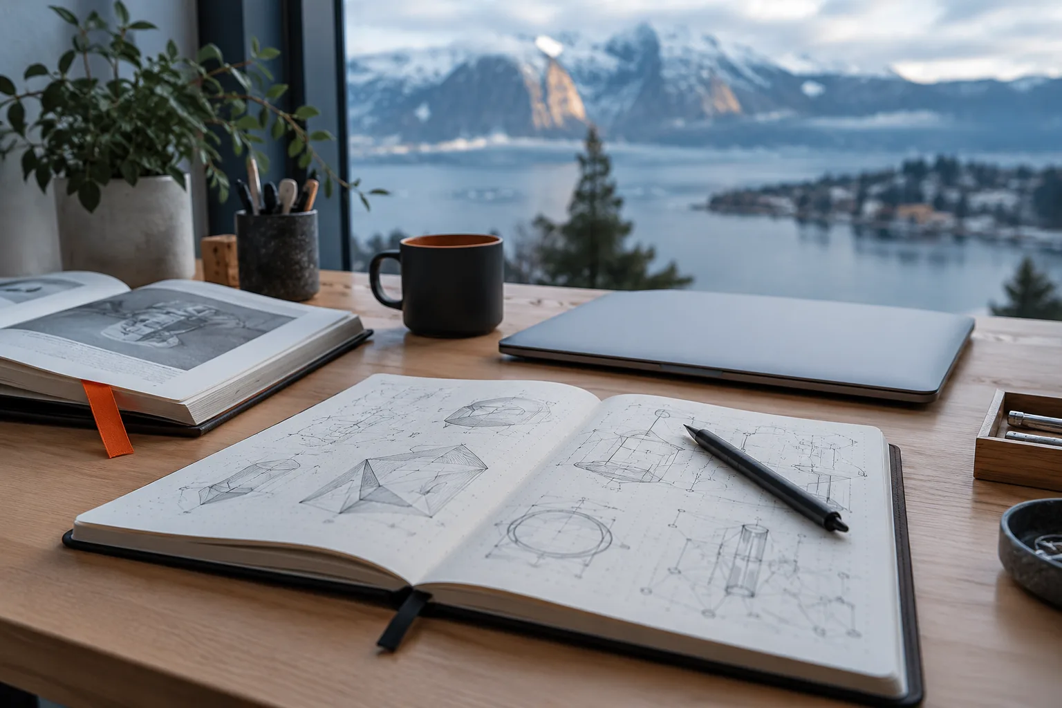 Un carnet de notes ouvert avec des schémas, à côté d'un livre technique et d'un ordinateur portable