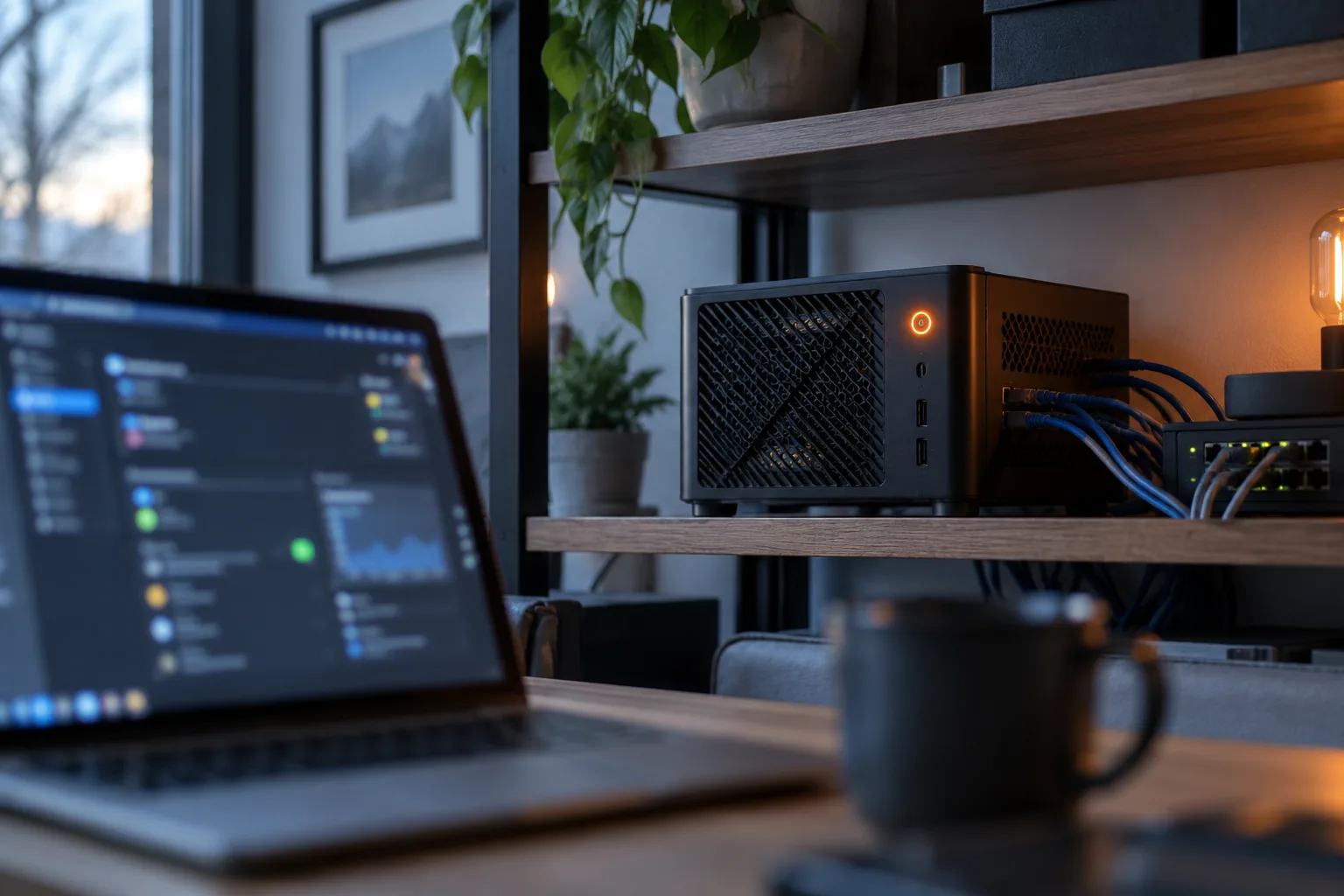 Un mini-serveur domestique relié au réseau, un ordinateur portable ouvert sur une configuration au premier plan