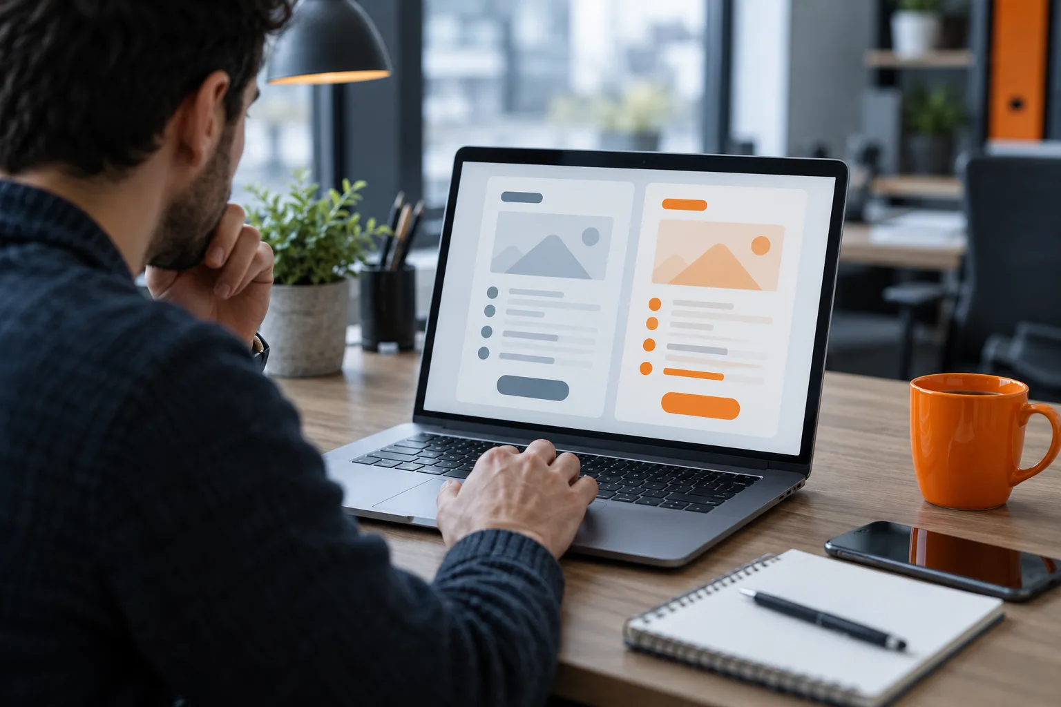 Une personne compare deux applications sur un ordinateur portable, dans un bureau de petite entreprise