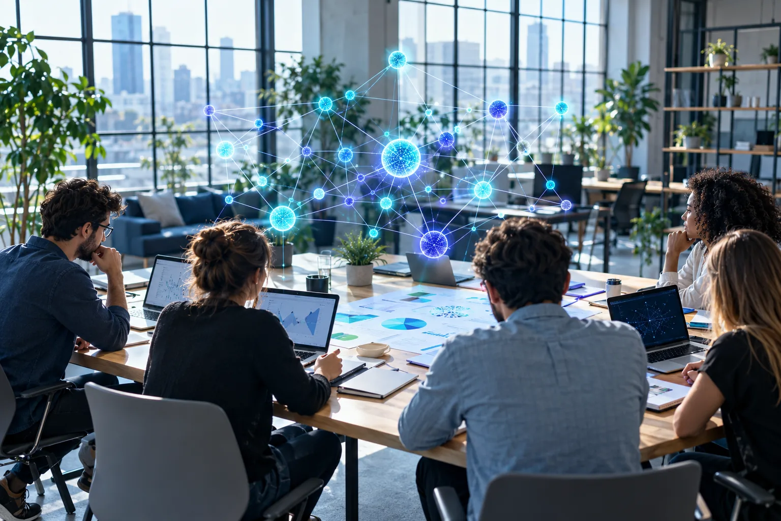 Une équipe travaille autour d'une grande table lumineuse avec ordinateurs et carnets, sous un réseau de points reliés qui évoque l'intelligence artificielle.