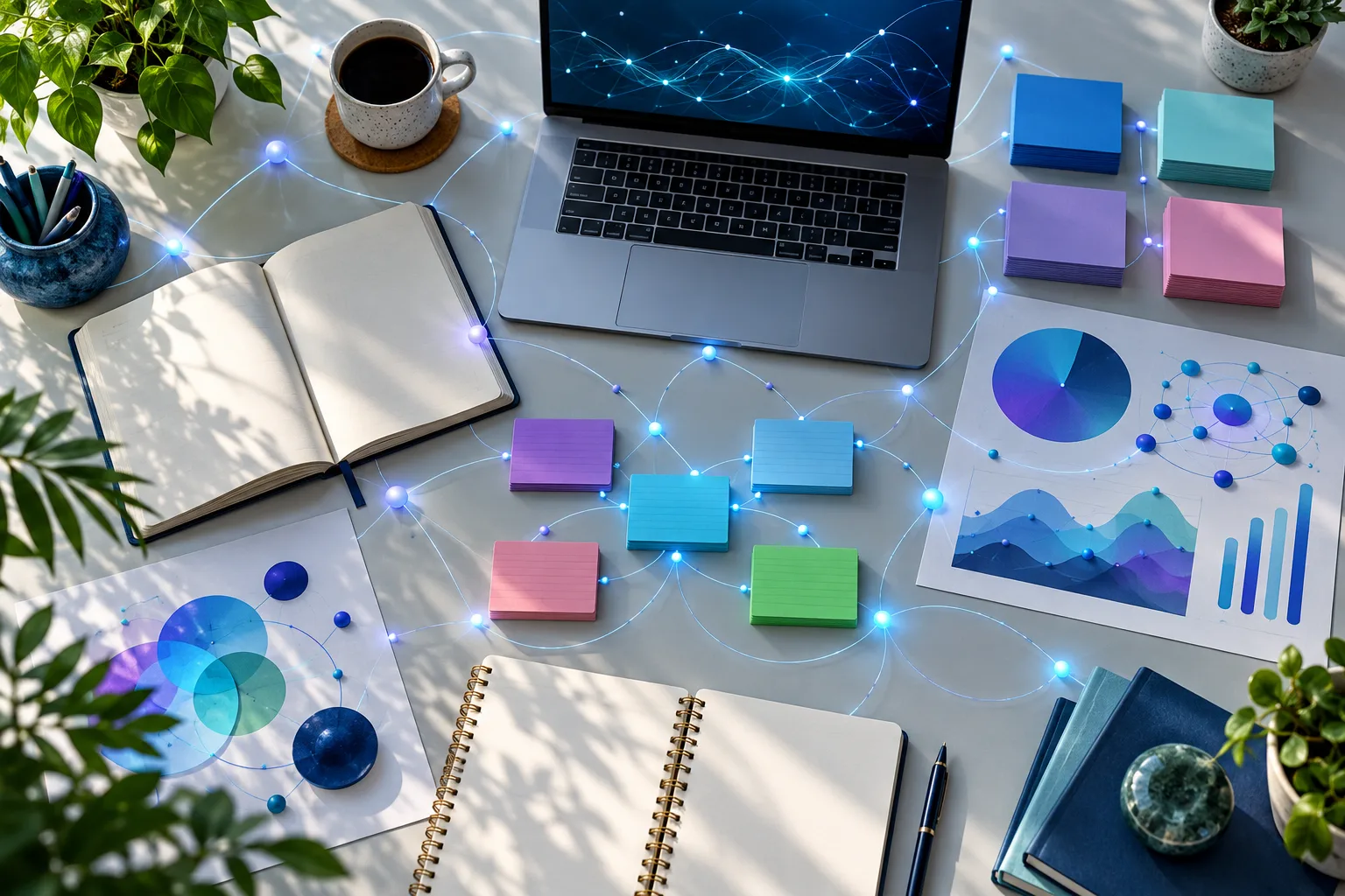 Carnets, fiches classées et ordinateur portable sur une table lumineuse, reliés par un réseau de points qui évoque l'organisation des connaissances sur l'IA.