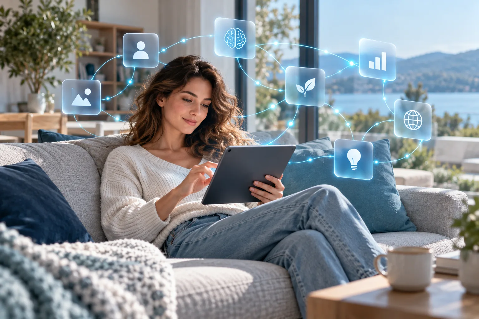 Personne consultant une tablette, entourée de petites cartes reliées par des fils lumineux qui évoquent un réseau de notions
