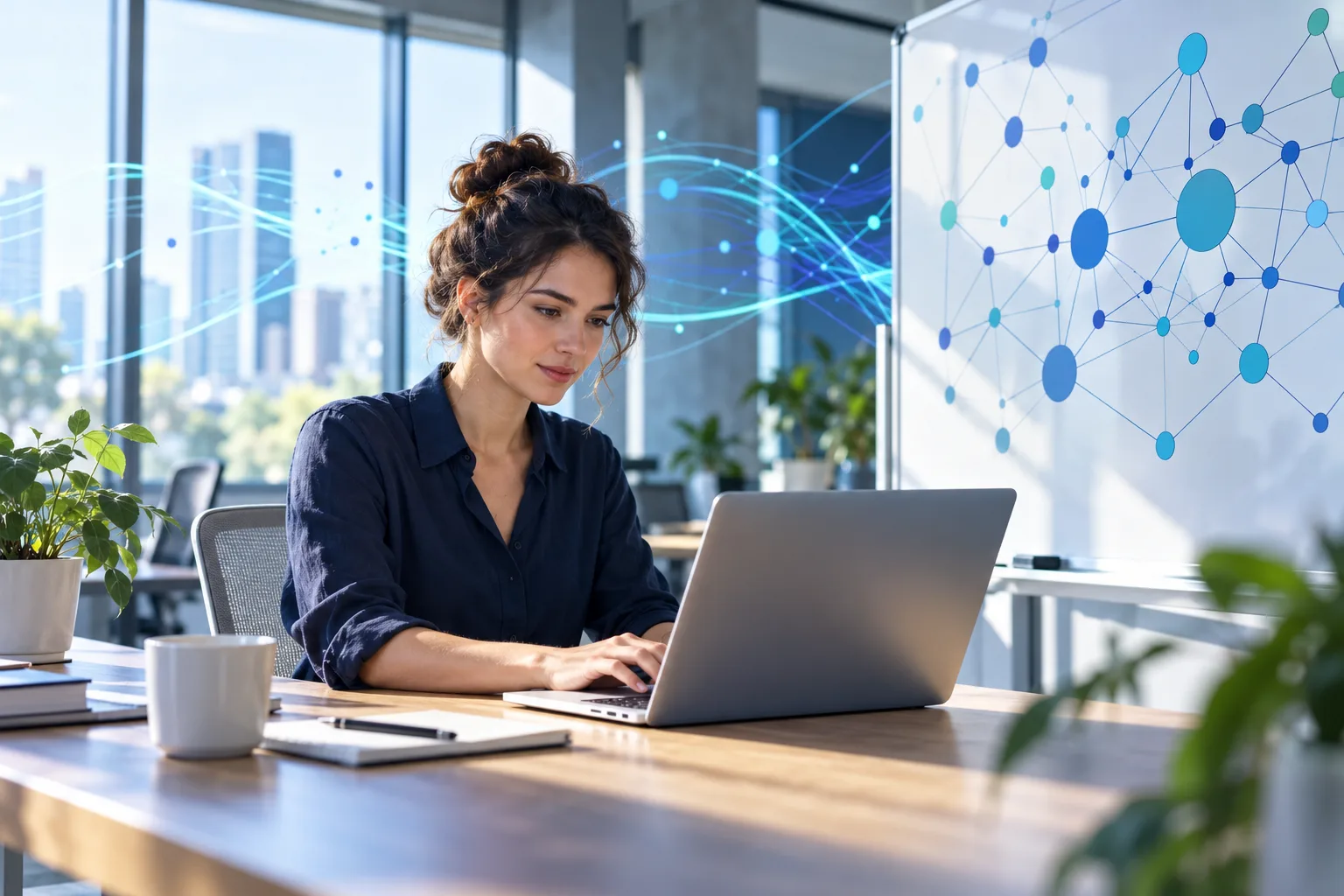 Une personne travaille sur son ordinateur dans un bureau lumineux, devant un tableau blanc rempli de schémas de connexions.