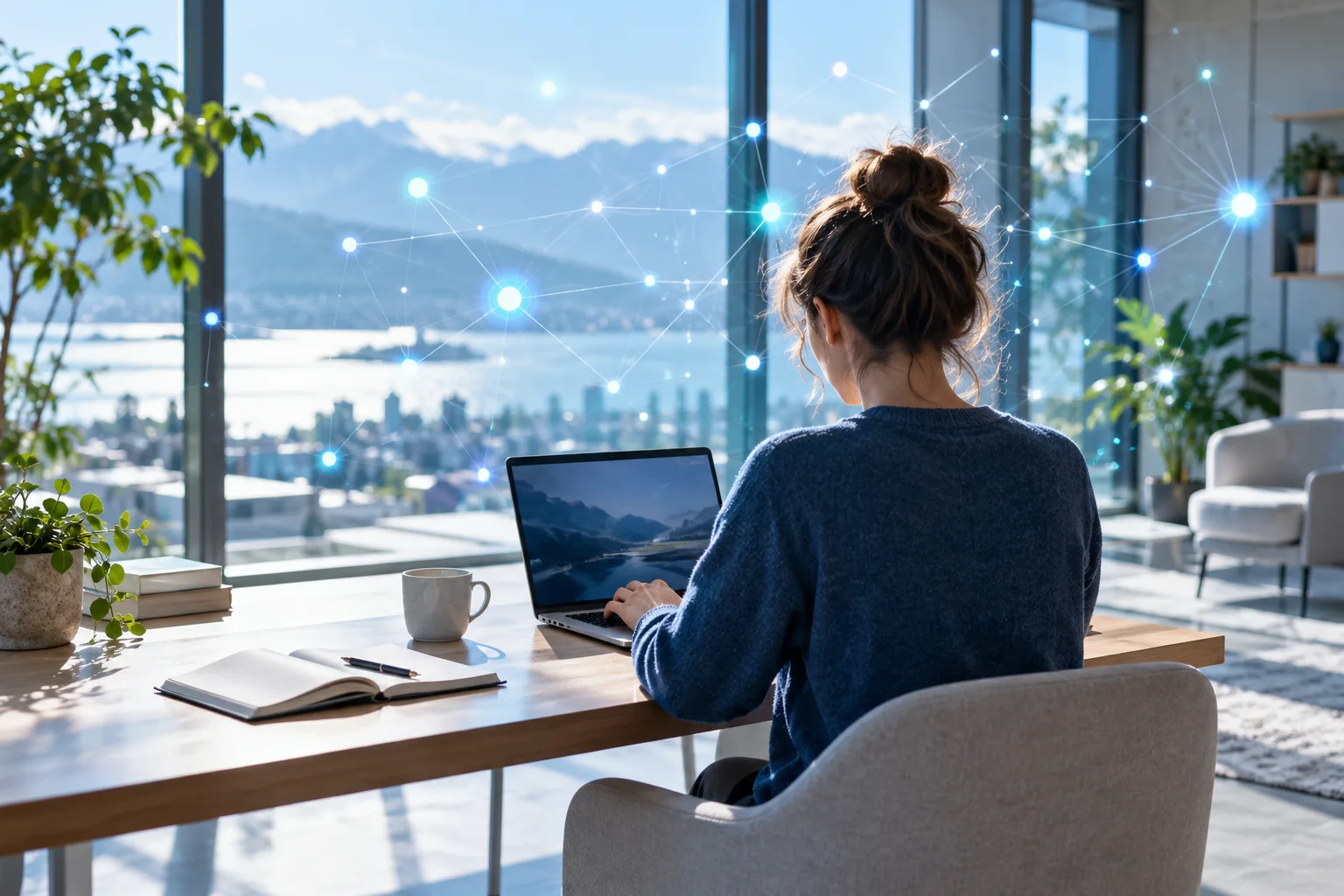 Une personne travaille sur son ordinateur portable dans un bureau lumineux, devant un réseau de points reliés qui évoque l'intelligence artificielle.