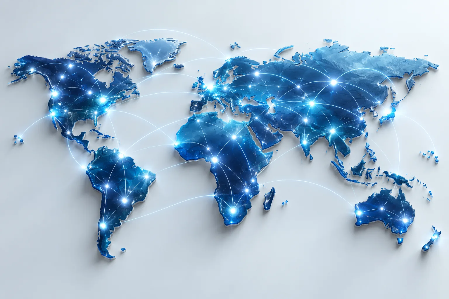 Carte du monde stylisée avec des points lumineux reliés entre continents, évoquant les fabricants de modèles d'IA