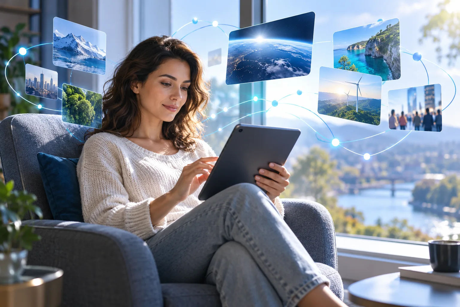 Une personne lit l'actualité sur une tablette, entourée de formes abstraites qui représentent le flux des nouvelles sur l'intelligence artificielle.