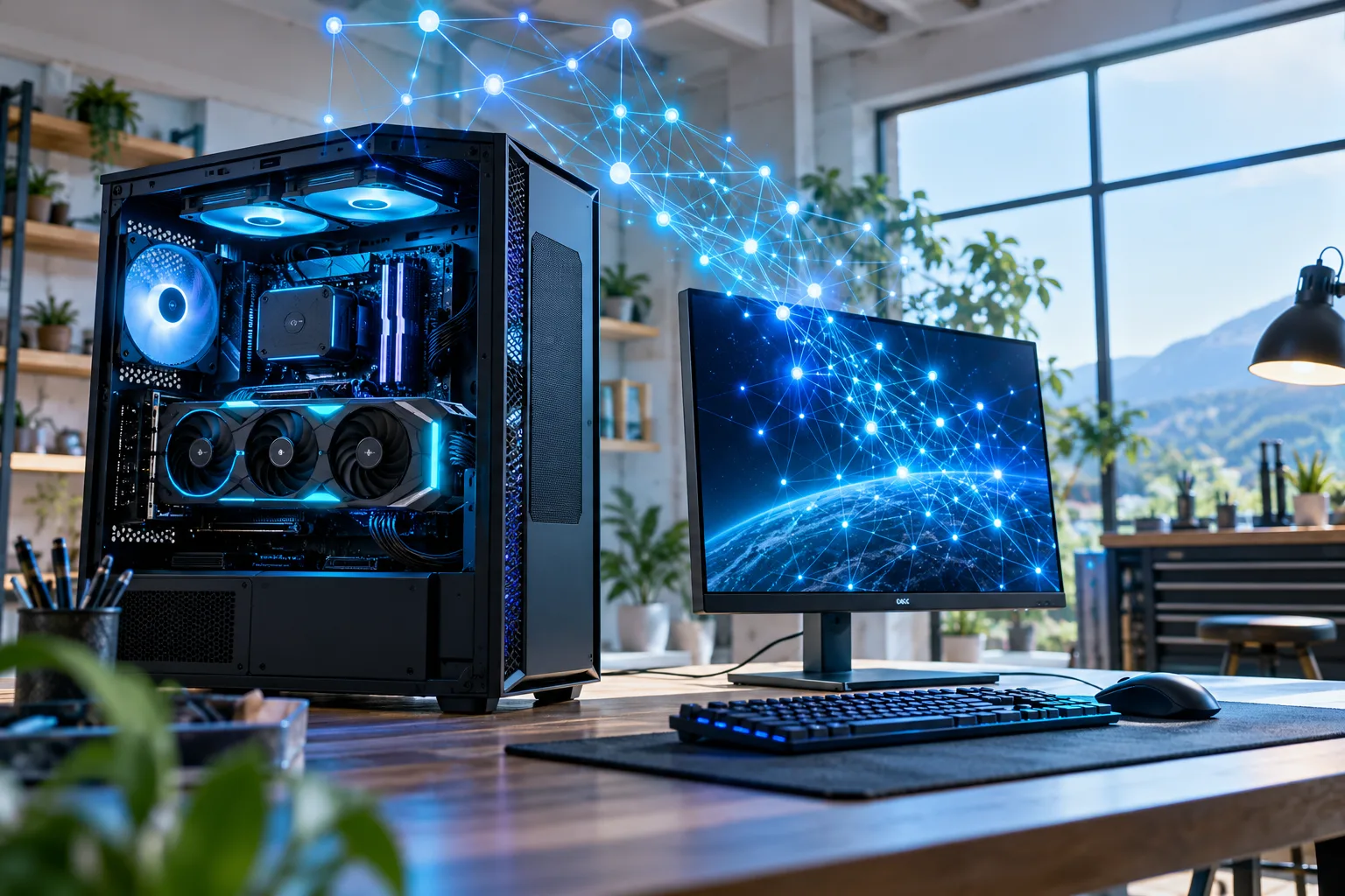 Un ordinateur de bureau ouvert relié à un réseau de nœuds lumineux, image d'un modèle d'IA exécuté en local