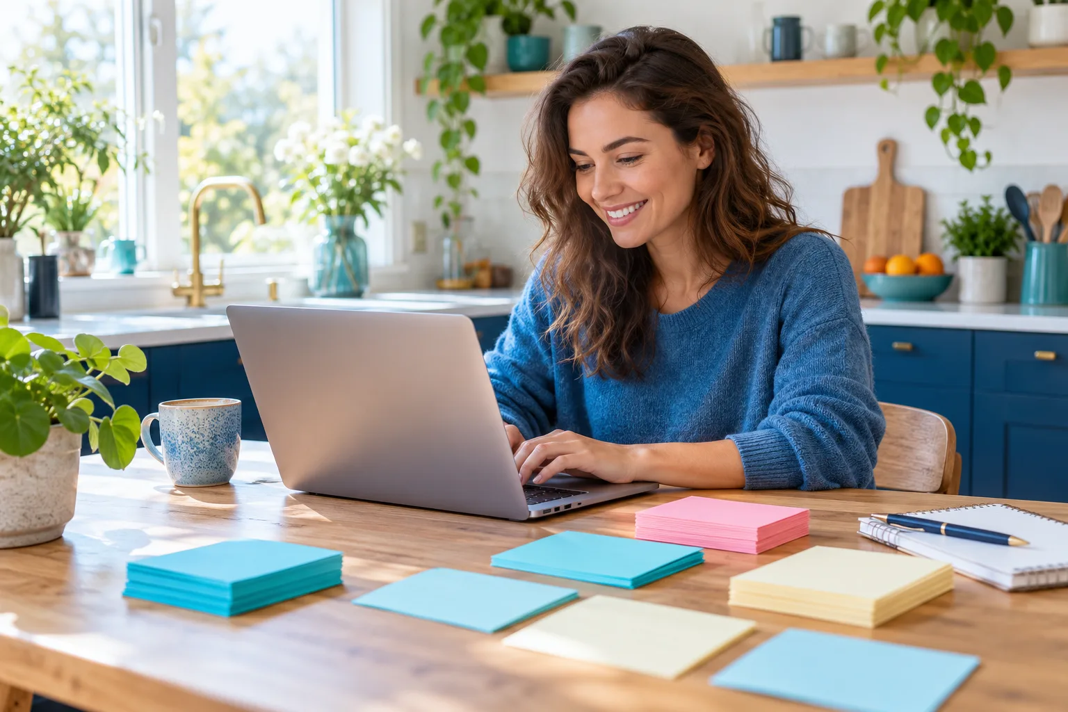 Une personne rédige une demande sur son ordinateur, entourée de fiches colorées bien ordonnées