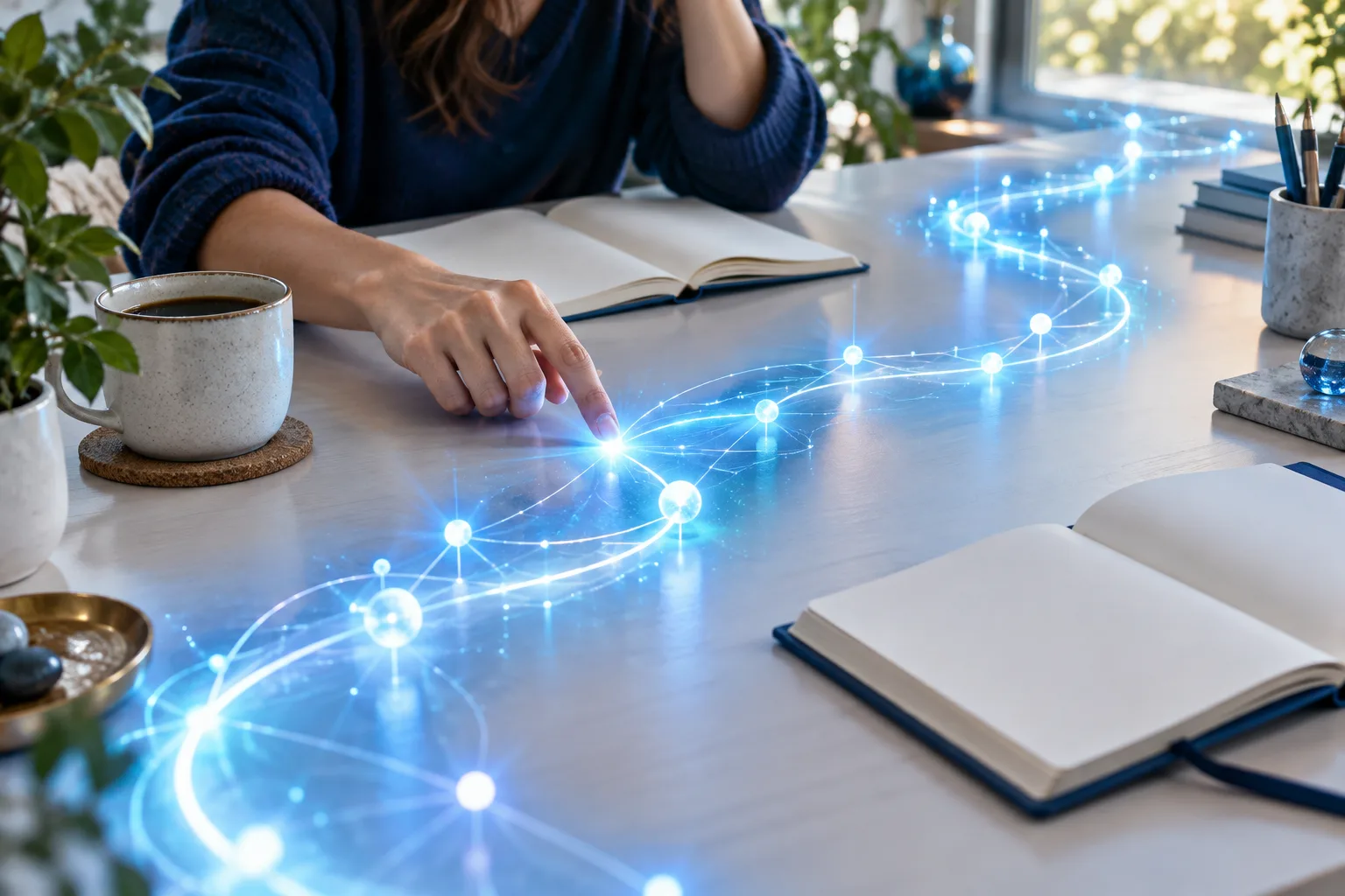 Frise lumineuse jalonnée de points sur un bureau, qu'une personne suit du doigt, pour évoquer l'histoire de l'intelligence artificielle