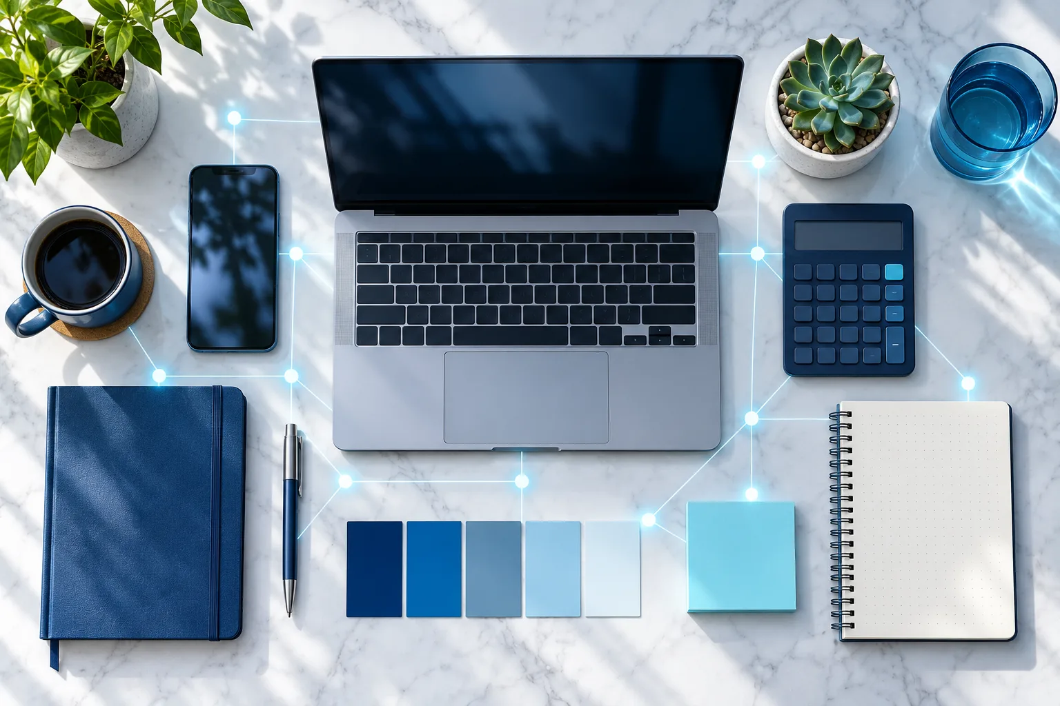 Un bureau vu de dessus avec un ordinateur portable, un téléphone, une calculatrice et des cartes de couleur rangées en grille.