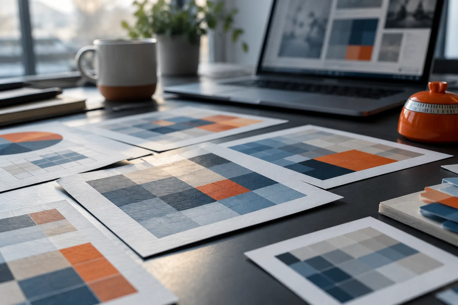 Un bureau technique avec des grilles colorées disposées près d’un ordinateur et un minuteur orange
