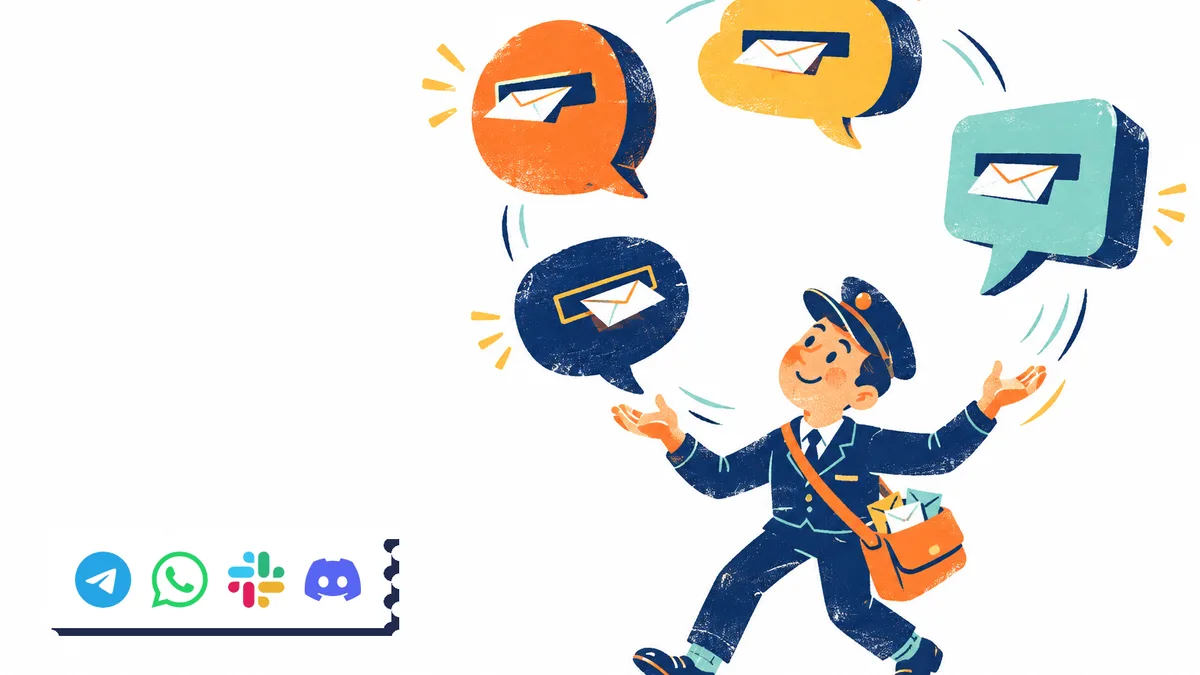 Téléphone et ordinateur sur un bureau, avec des conversations floues et un petit serveur relié au réseau