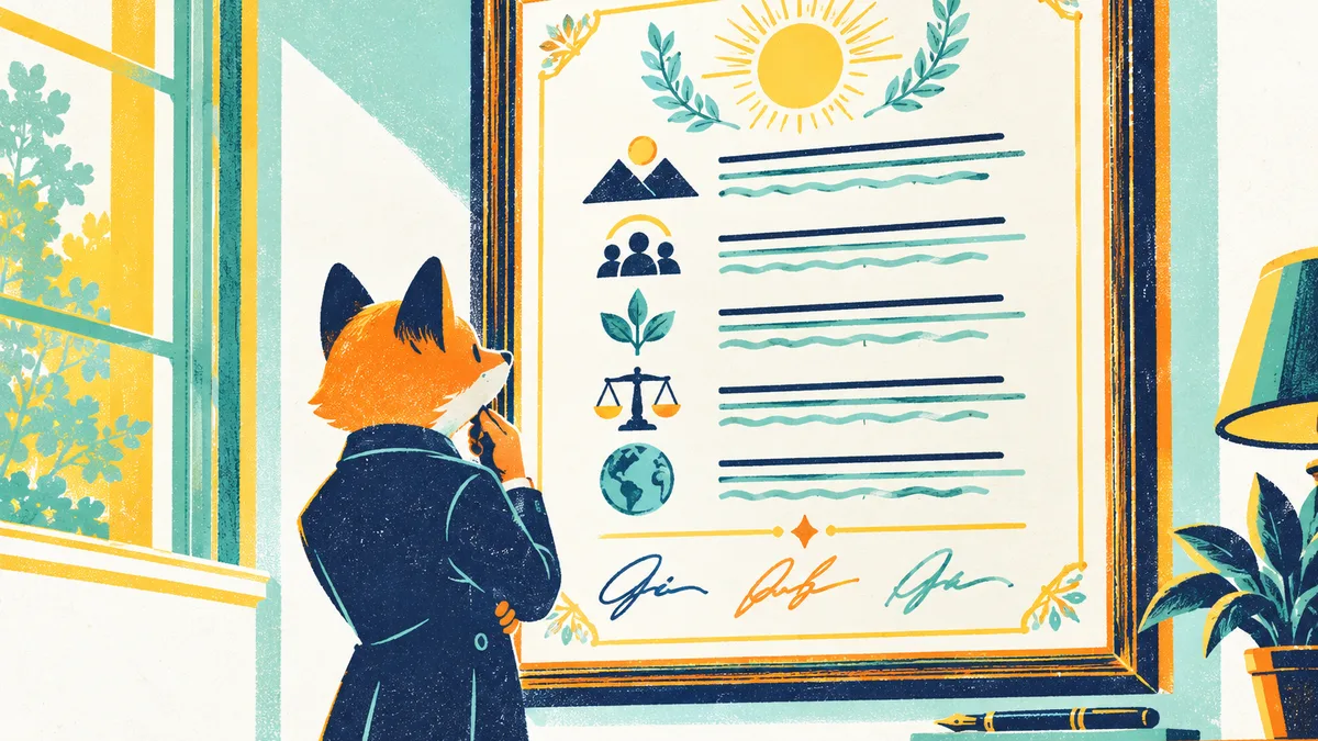 Documents de travail et ordinateur portable sur une table de réunion, avec des onglets de classement orange