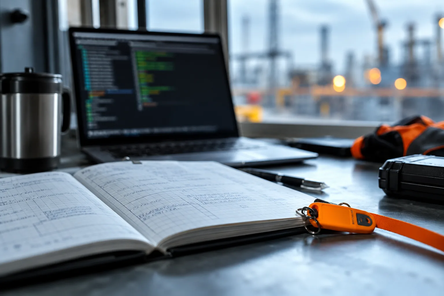 Un ordinateur portable avec un terminal flou, un carnet de vérification et une clé de sécurité sur un bureau
