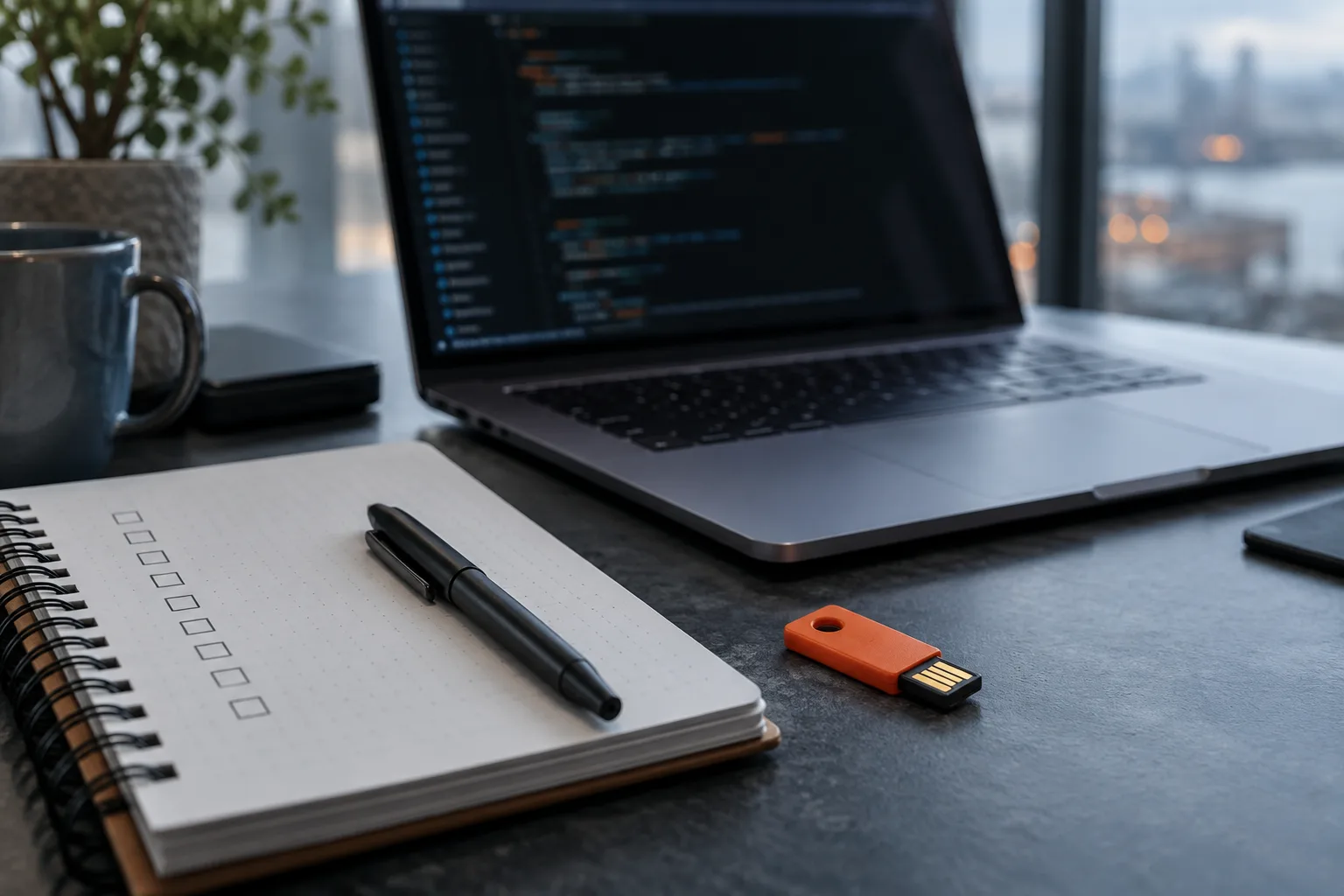 Ordinateur portable avec terminal flou, carnet de vérification et clé de sécurité sur un bureau