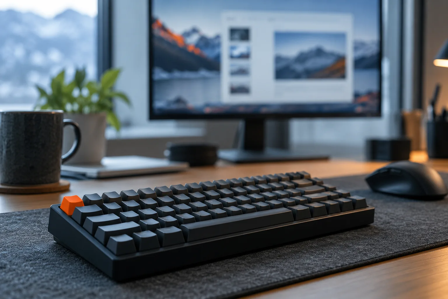 Écran affichant un bureau virtuel et un navigateur flous, avec un clavier et un interrupteur orange au premier plan