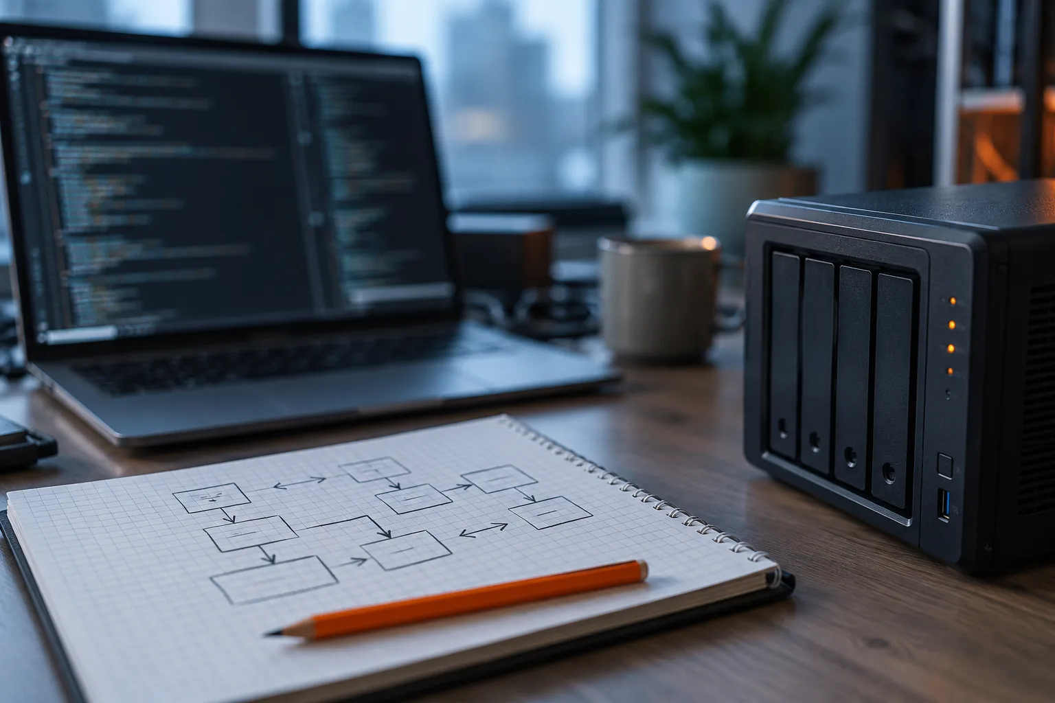Escritorio técnico con un portátil, un esquema de tareas en un cuaderno y un pequeño servidor