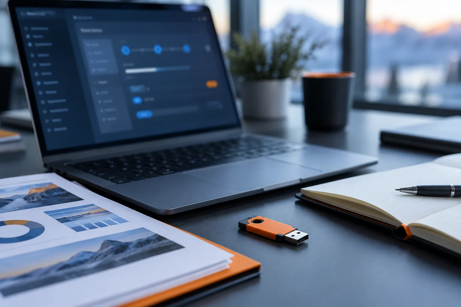 Una computadora portátil, una carpeta con documentos de prueba y un cuaderno sobre un escritorio, junto a una llave de seguridad naranja