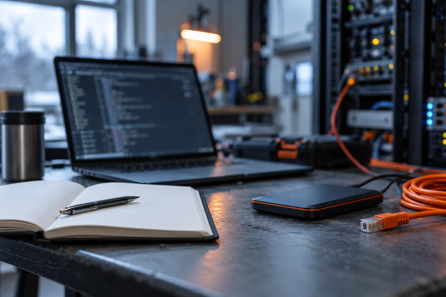 Ordinateur portable affichant un terminal flou, près d'un carnet de maintenance et d'un disque de sauvegarde