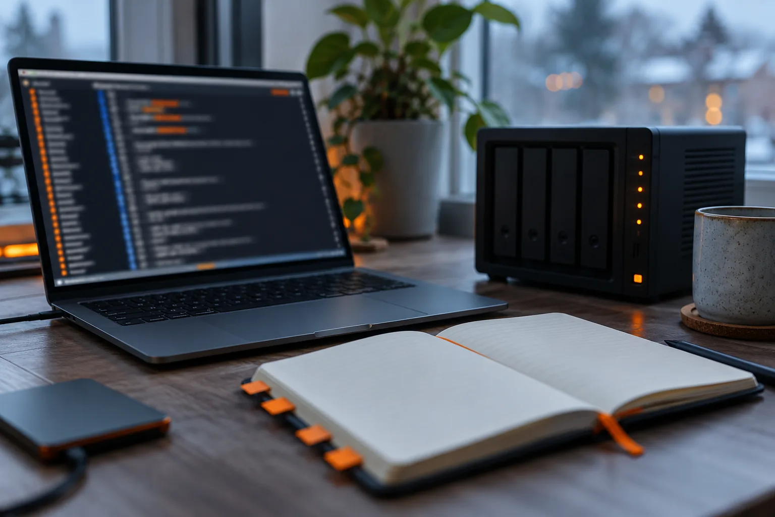 Ordinateur portable avec un terminal flou, petit serveur et carnet de procédures sur un bureau