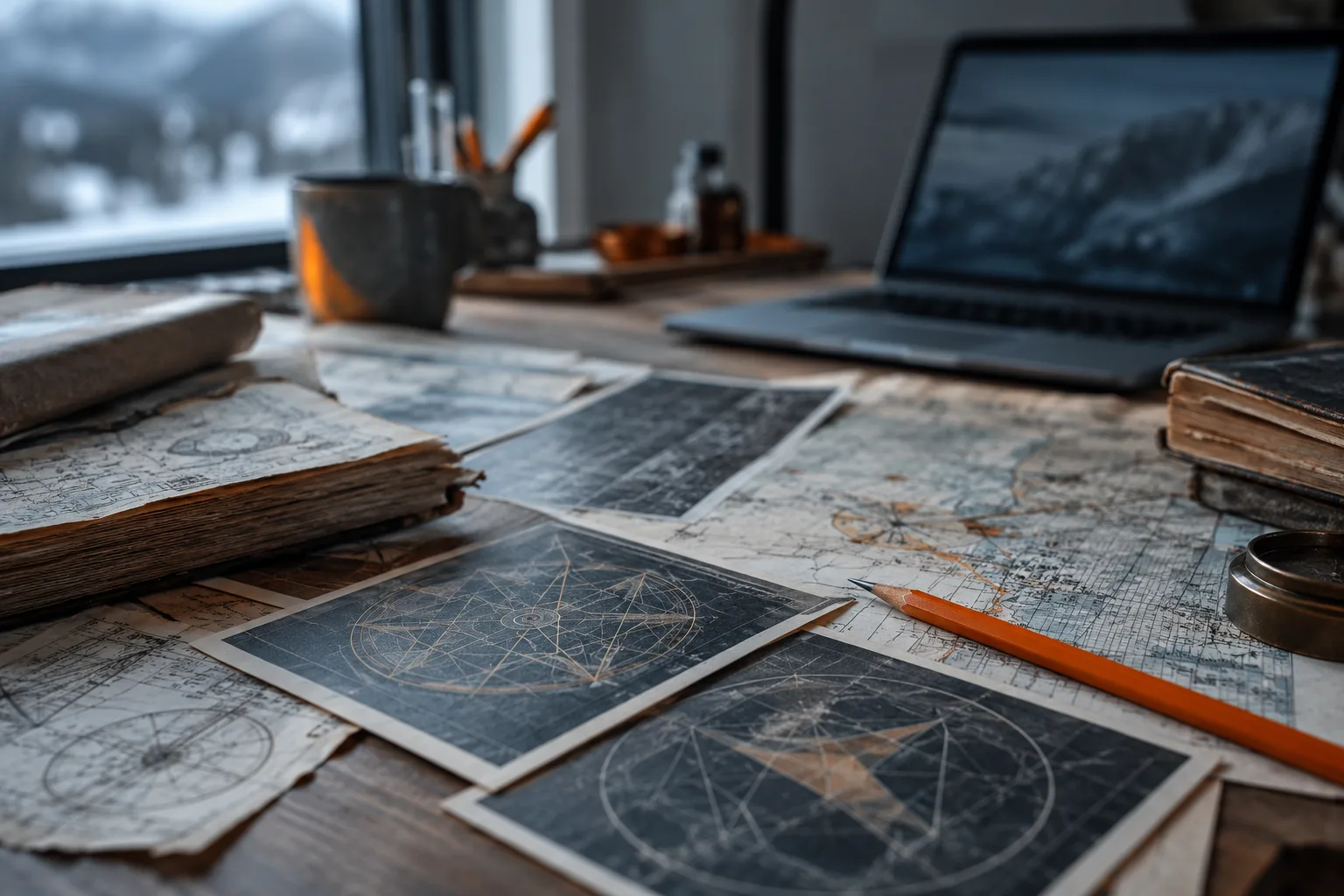 Documents anciens et ordinateur portable disposés sur une table de travail, avec des cartes de motifs colorés au premier plan
