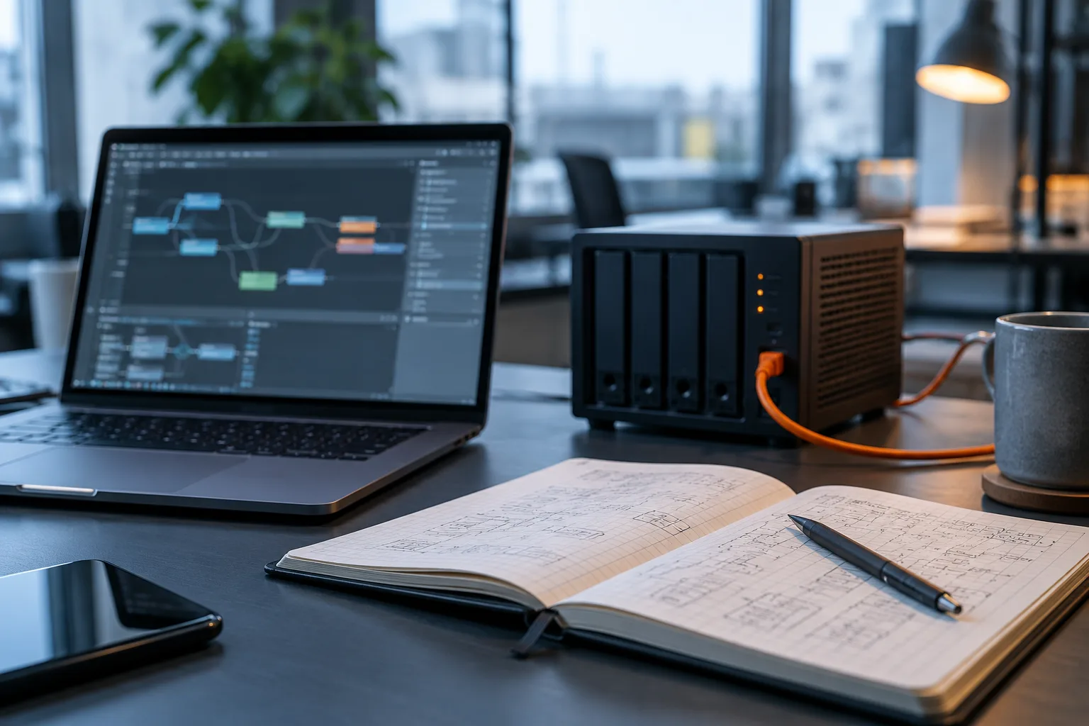 Un ordinateur présentant un workflow flou, à côté d’un petit serveur et d’un carnet de configuration