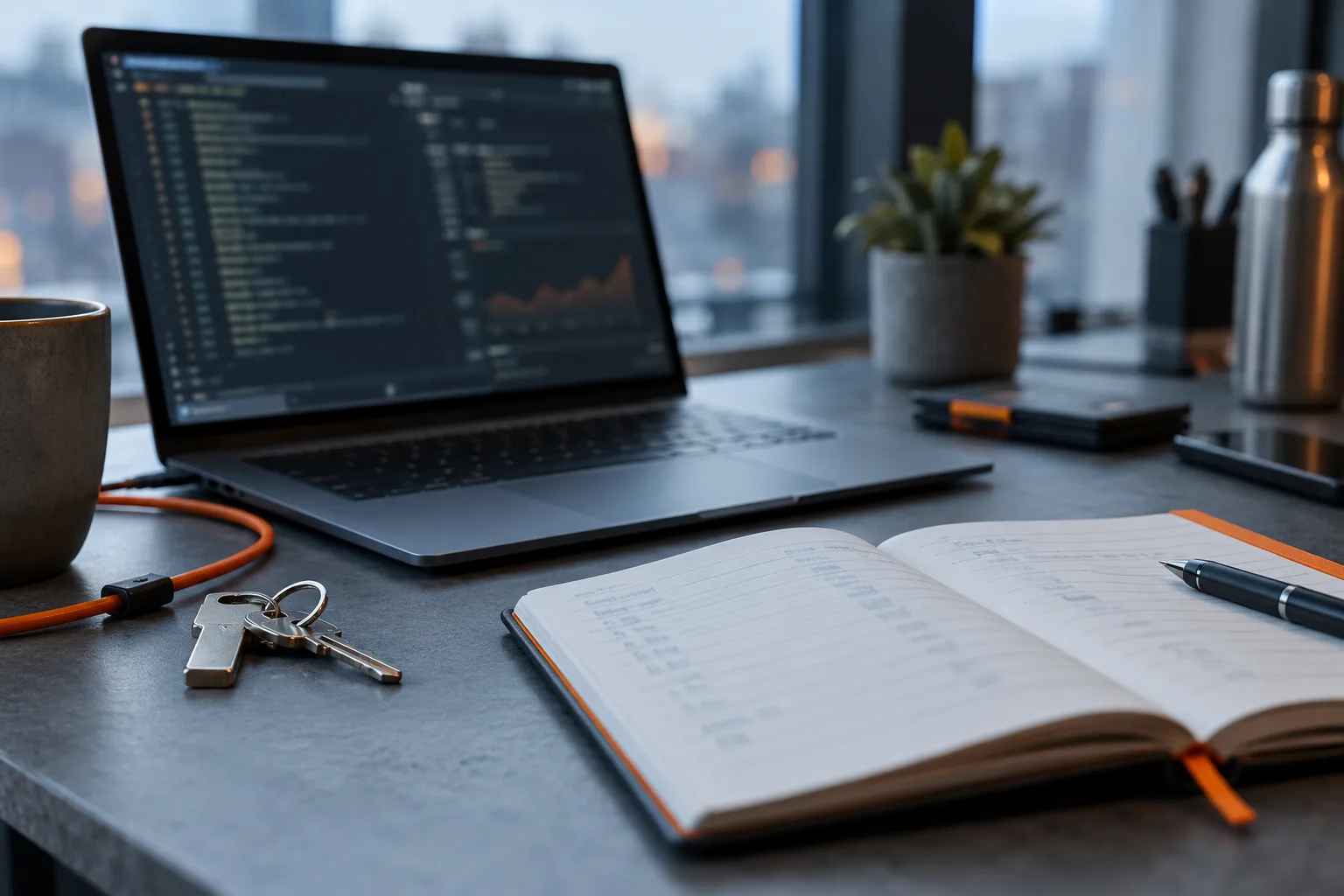 Ordinateur portable affichant un terminal flou, à côté d'un carnet de suivi des dépenses et d'une clé métallique