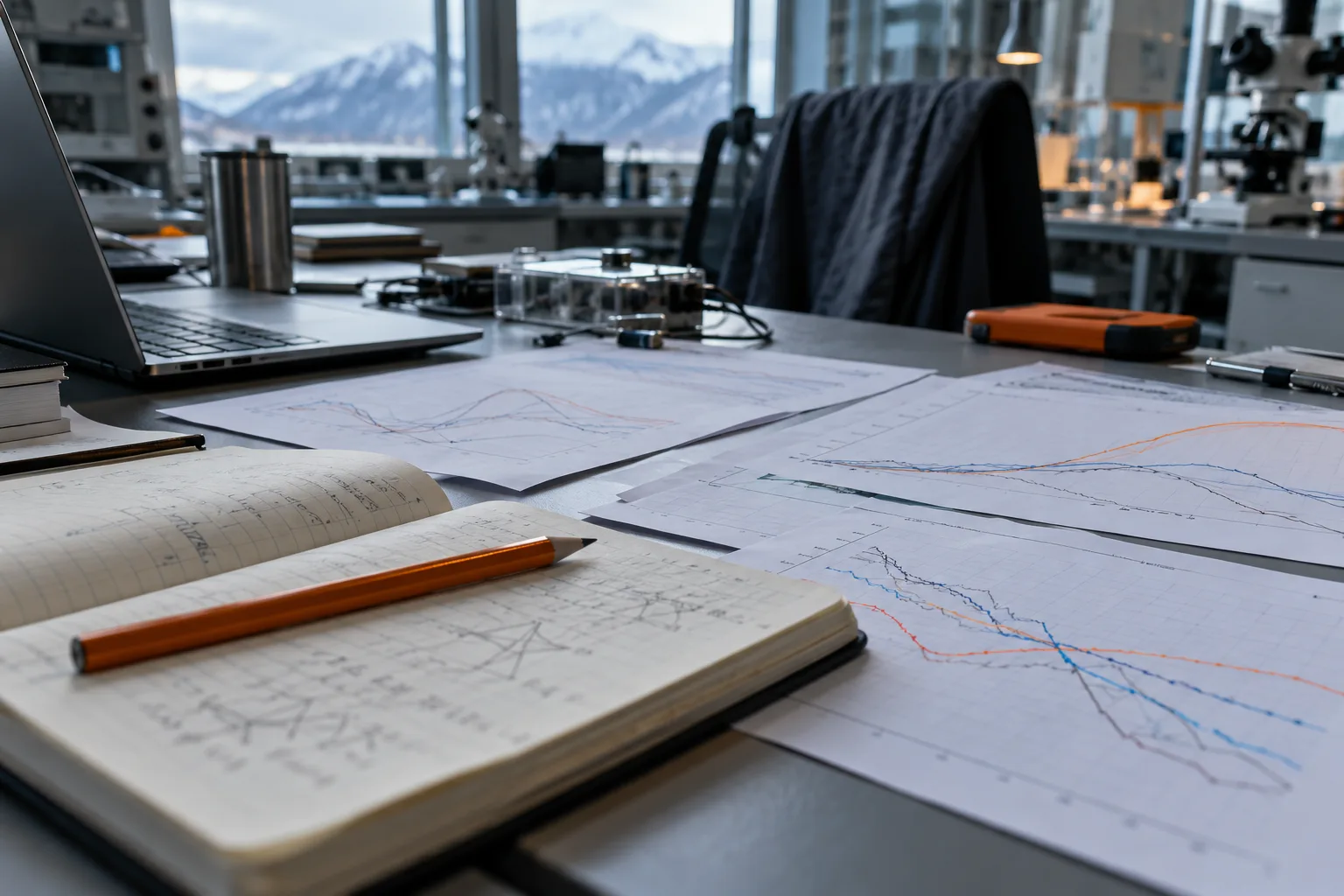 Cuadernos y hojas con gráficos sobre un escritorio, con varias trayectorias divergentes