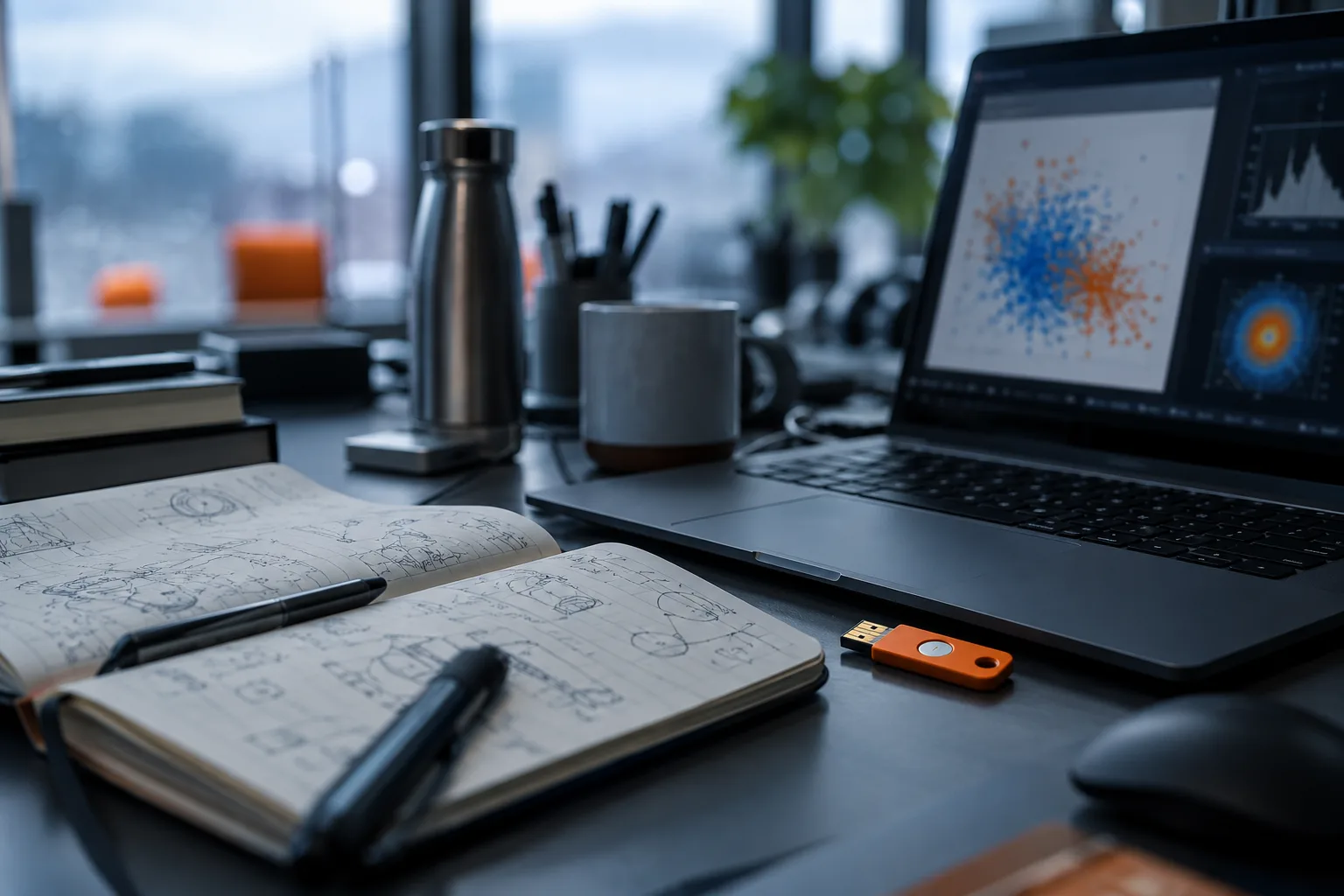 Bureau de recherche avec un ordinateur aux graphiques flous, un carnet de schémas et une clé de sécurité orange